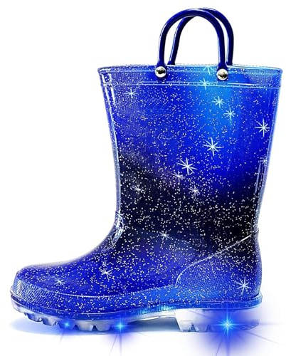 Greentiming Kids Wellies for Girls Boys, Light Up Glitter Waterproof Wellington Boots with Easy on Handles, Toddler Wellies Size 13 UK Child, Starry Sky