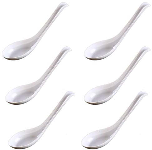 Rice Spoons Ramen Noodle Soup Ladle Red Soup Spoons Serving Spoons Chinese Won Ton Soup Spoon Asian Plain Style Soup Spoons (6, White)