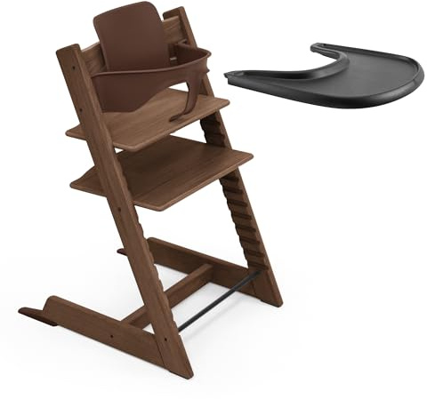 Stokke Tripp Trapp Hochstuhl aus Eiche (Warm Brown) mit Stokke Tablett (schwarz) – inkl. Stuhl + Baby-Set 2 für Kinder von 6 bis 36 Monaten – verstellbar, ergonomisch und leicht zu reinigen