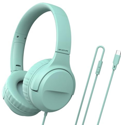 INFURTURE CH3 - Cuffie USB C per bambini, per la scuola, con limitatore di sicurezza 94 dB, suono stereo HD, cuffie on/off per ragazzi/ragazze/tablet/scuola/viaggi (verde)