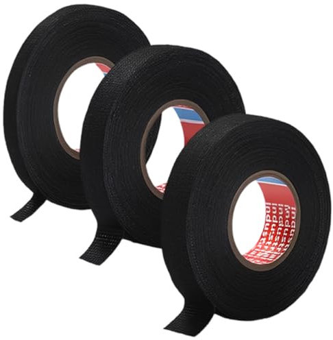 QOMJUFA 3 x cinta negra para cables, cinta de tela para arneses, adhesivo fuerte, impermeable (9mm x 15m, 15mm x 15m, 19mm x 15m)