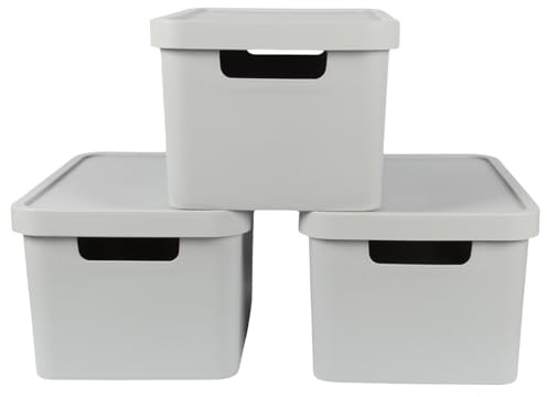 Jolie Max Plastic Storage Boxes with Lid, (Set of 3) 31L Capacity Each, Solid Matte Colour, Decorative Design with Handle, Stackable & Nestable Space-Saving Organizers – 45.5 x 33.5 x 25 cm (GREY)