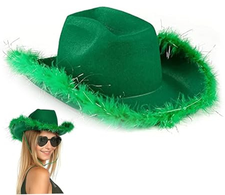 Wedhapy Grüner Cowgirl Hut flauschiger Cowboyhut mit glitzerem Weitkrempe Western Party Hut mit verstellbarer Schnur für Cosplay Hen Party Kowis Accessoire Cowgirl Hut Grüne Cowgirl Hat Fl