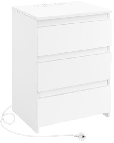 Yaheetech Nachttisch Nachtschrank mit 3 Schubladen, 2 AC-Steckdosen und 2 USB-Anschlüsse Beistelltisch Boxspringbett Nachtkommode fürs Schlafzimmer/Wohnzimmer, Weiß