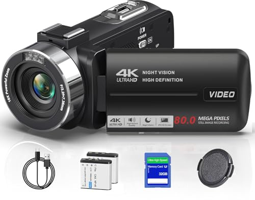 Caméscope 4K 80MP Caméra vidéo Ultra HD Vlogging Caméra pour YouTube Zoom numérique 18X Version IR Nuit Écran 3 IPS HD avec stabilisateur portatif, microphone, télécommande et carte SD 32 Go
