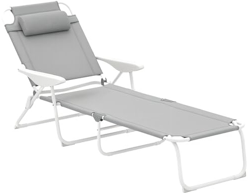 Outsunny Tumbona Plegable Tumbona Jardín Exterior con Respaldo Ajustable Reposacabezas Extraíble y Estructura de Metal Carga 120 kg para Terraza Piscina Playa 160x66x98 cm Gris