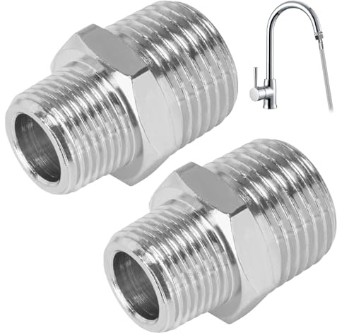 2 Pcs Shower Hose Connector, 1/2 BSP Male x 3/8 BSP Male, Stainless Steel Shower Hose Adapter, 1/2 Fittings Reducing 3/8 Nipple Threaded Connector for Pipe Connecting Conversion for Kitchen Bathroom