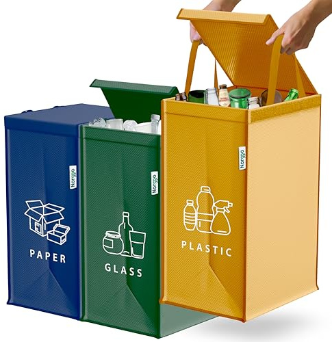 Återvinningskärl – Set med 3 x 40L för plast, papper och glas – Hållbara soptunnor för återvinning – Färgade soppåsar – Återvinningsbehållare med 3 fack
