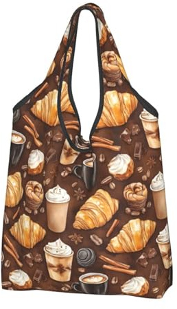 Sacs d'épicerie réutilisables avec poignées - Imprimé pain café, Noir/blanc, 1 PCS