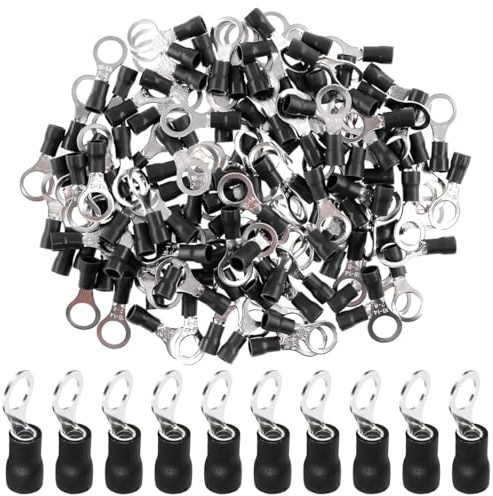 LKRXW 100 Pezzi Connettori Terminali ad Anello Rame M6 Capicorda Occhiello | Connettori Elettrici Capicorda ad Occhiello Anello RV 6,4mm Morsetti Isolati Crimpare Cavi Fil 2,5-4,0 mm² 14-12 AWG Nero