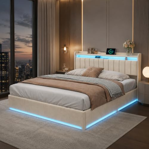 PerGar Polsterbett 160x200 mit Hydraulik, Stauraum, USB, LED - Beige, Samt | Bett 160x200cm mit Gaslift, Samtbezug. App RGB LED, USB Type-C, Kopfteil Regal. Beige oder Grau, 2 Groessen