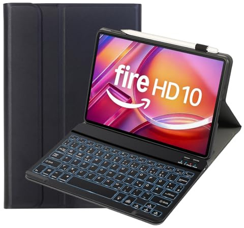 leleyo Tastatur Hülle für Amazon Fire HD 10 10,1 13./11. Generation Hülle mit Tastatur Wireless Deutsches QWERTZ Layout 7 Farben Beleuchtung Magnetische Abnehmbarefür Fire HD 10 Tablet,Schwarz