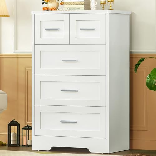 SLINEMO Commode Blanche 5 Tiroirs, Commode pour Chambre Adulte et Enfant, Meuble de Rangement Multifonctionnel Idéal pour Le Salon, la Salle à Manger ou l'Entrée - 60 x 35 x 96,5 cm