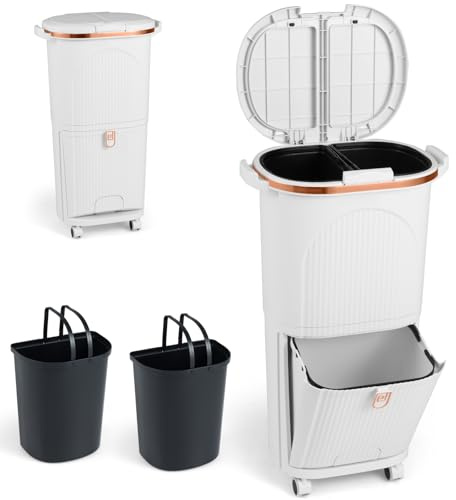 TANGZON Recycling Bins, 38L/43L Trash Can Garbage Bin with 3 Compartments, Wheels, Retractable Pedal, Handles & Stickers, 2 Tier Vertical Waste Separation System for Home Kitchen (White, 38L, 2 Lids)