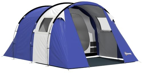 Outsunny Tente de Camping pour 4 Personnes Imperméable 3000mm Bleu Foncé | Tente Tunnel Familiale 2 Chambres, Montage Facile, 3 Fenêtres et Porche, Tapis de Sol, Sac de Transport