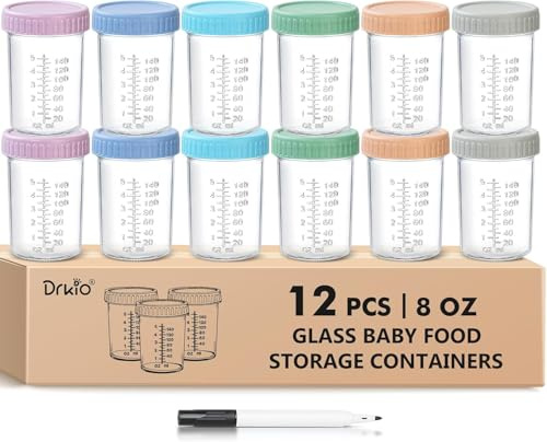 LATERN 12 Pièces Récipients en Verre pour Bébé Aliments, 240ml /8oz Pot Sans BPA 100% Étanche Récipient Réutilisable avec Couvercle et Marqueur, Compatible Micro-Ondes, Lave-Vaisselle Et Congélateur