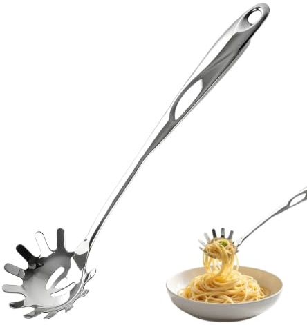Cuillère à Spaghetti en Acier Inoxydable 34,3 cm, Cuillère à Pâtes Résistant à la Chaleur, Fourchette à Pâtes avec Poignée Ergonomique Dents et Trou de Suspension, Fourchette à Spaghetti pour Nouilles