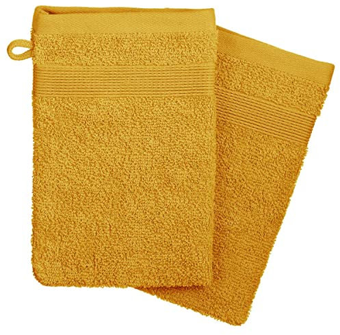 Atmosphera - Juego de 2 Manoplas de baño - algodón 450 g/m² - Amarillo Mostaza - 15 x 21 cm