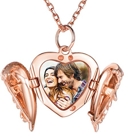 SILVERCUTE Damen Collier 925 Sterling Silber/18k vergoldet Foto Gravur Kette personalisiert Herz/Runde/Oval Medaillon Anhänger mit 1,5mm 45cm Rolokette einzigartiges Schmuck Geschenk für Mädchen
