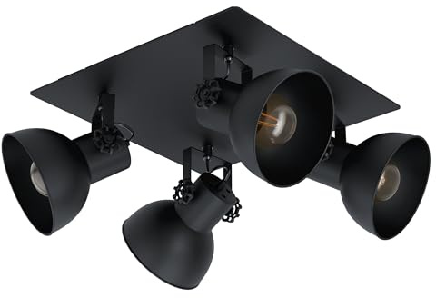 EGLO Deckenlampe Barnstaple 1, 4 flammige Deckenleuchte Vintage, Industrial | Retro, Deckenstrahler aus Stahl, Wohnzimmerlampe in Schwarz, Küchenlampe, Spots mit E27 Fassung
