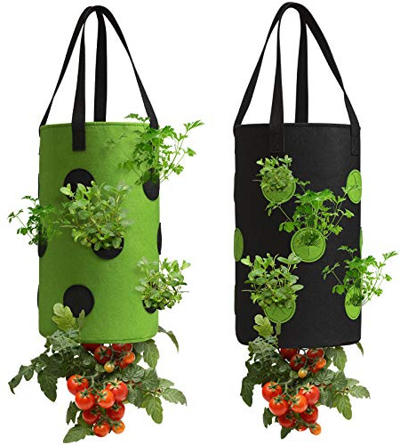 2 Pack Upside Down Hanging Tomato & Herb Planter, Strawberry Planter Bags | Durable Aeration Fabric Breathable Material, for Indoor Outdoor Plants, Black and Green