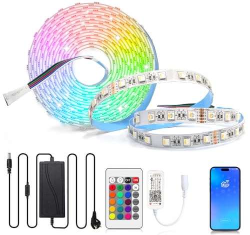 Arotelicht 24V WIFI LED Streifen RGBW 5m LED strip dimmbar warmweiß 300 LEDs 5050 Lichterkette DIY Lichterband mit Controller Fernbedienung und Netzteil für Innen Deko Kücke Wohnzimmer