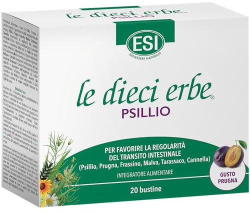 ESI - Le Dieci Erbe Psillio, Integratore Alimentare a Base di Psyllium, per la Regolarità del Transito Intestinale, Senza Glutine e Vegan, 20 Bustine