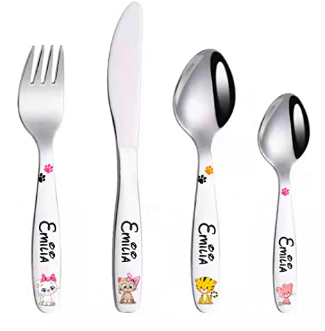 KIDDI-MEDIA Kinderbesteck, 4-teilig als Set, Edelstahl | Mit Gravur/Motiv Cute Cats, farbigen Katzenmotiven, alle mit Name graviert, Gravur Name und Geburtstag möglich