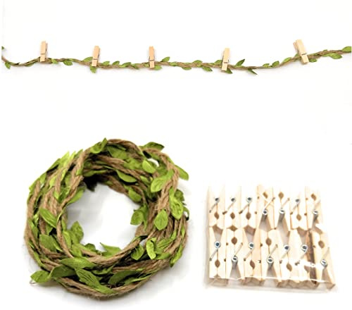 Photo Garland Banner - Clip Photo/Card Holders - Mini Clothespins with Decorative Jute Twine (TAN: Leaf Jute - Clothespins)