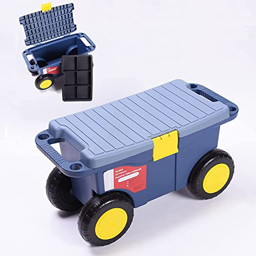 Rollwagen für den Garten mit Aufbewahrungsbehälter, Gartenwagensitz mit 4 Rädern, Werkzeugwagen für den Garten, doppellagig, mit Schraubtablett
