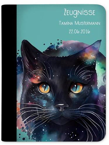 CreaDesign Zeugnismappe A4 mit Namen personalisiert für Kinder – Katze schwarz – Dokumentenmappe Schule ohne Klarsichthüllen