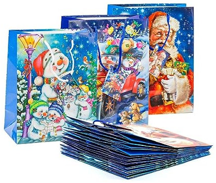 KOVA 24x Geschenktüten Gr. M für für KINDER, Weihnachten, Weihnachtsmotiv, Geschenktasche, Nikolaus, versch. Größen & Motive, Weihnachtsgeschenktüte, Große & kleine Weihnachtstüten mit Henkel