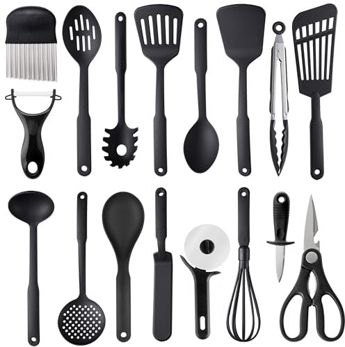 Küchenutensilien Set, TJ POP 17 Stück Nylon Kochutensilien Set, Hitzebeständig Antihaft-Küchenwerkzeuge, BPA Frei Spülmaschinenfest Küchenhelfer Zubehör für Kochgeschirr, Schwarz