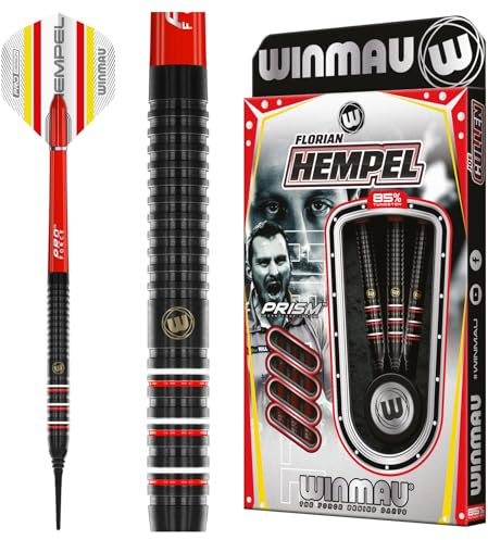 WINMAU Darts – Florian Hempel 85% Pro-serien 18 g tunna/20 g full vikt mjuka spetspilar set med dartflyg och dartaxlar (stammar)