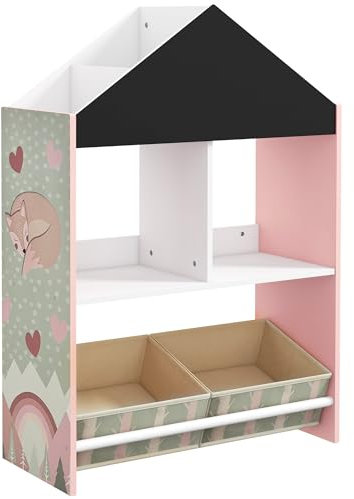 ZONEKIZ Scaffale Portagiochi per Bambini con Lavagna, Mobile per Cameretta con Cassetti Rimovibili e Ripiani, Arredamento per Bambini da Salotto e Asilo, Rosa