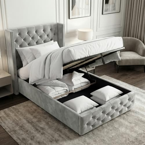 Blisswood Single Ottoman Bed Frame, 3ft Velvet Upholstered Wingback Bed with Deep Button Tufted Headboard & Footboard, Gas Lift End Opening Storage, Space Saving Under Bed Storage, Wooden Slats, Grey