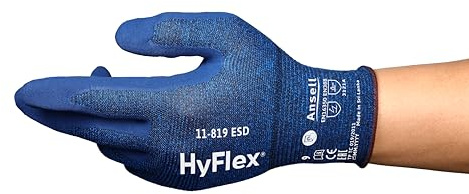 Ansell HyFlex 11-819 Ultrathin Work Gloves, Abrasion Resistant Nitrile Coating, Electrostatic Discharge Protection, Antistatic, Touchscreen Compatible, Industrial Safety, Blue, Size M (1 Pair)