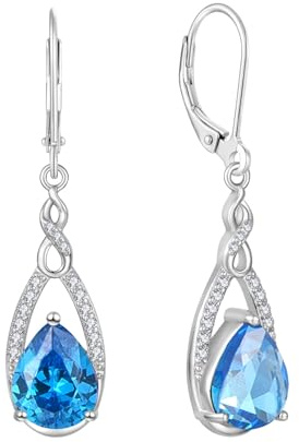 JO WISDOM Damen Hängende Ohrringe Ohrhänger Unendlichkeit Träne Silber 925 mit 3A Zirkonia Kristall März Geburtsstein Aquamarin Farbe,Schmuck für Frauen