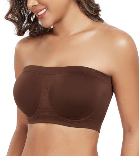 DotVol Women's Underwire Strapless Non Padded Multiway Bras Stretchy Tube Top Bandeau Bra(Brown,M)