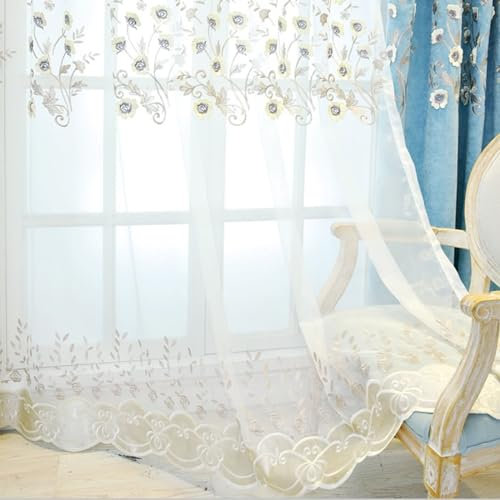 Beydodo Vorhänge Blau 2er Set mit Haken, Gardinen für Schienensystem 107x132CM Jacquard mit Blumen Motiv Gardinenschals Chenille Halbtransparent für Wohnzimmer Schlafzimmer Küche