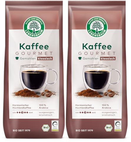 LEBENSBAUM 2 x Kaffee Gourmet Klassisch, gemahlen, Bio Kaffee aus Arabica-Bohnen gemahlen, Intensität 3/5, ausgewogener, aromatischer Genuss, 2 x 500 g