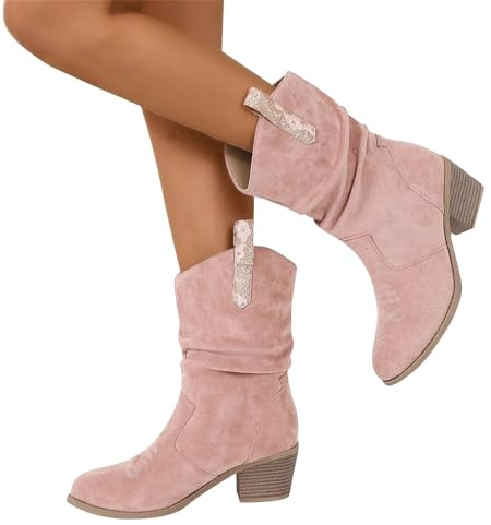 Cowgirl boot Riding & Winter Bootie, Elegant Women's Suede Ankle & Block Heel Bike Boots, Pink, 42 EU