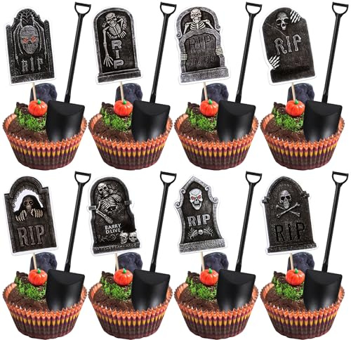 Xsstarmi 48 Pack Halloween Cupcake Toppers, Tombstones Cupcake Toppers with Shovel Spoons Spooky Graveyard Cupcake Picks for Horror Birthday Halloween Party Cake Decorations