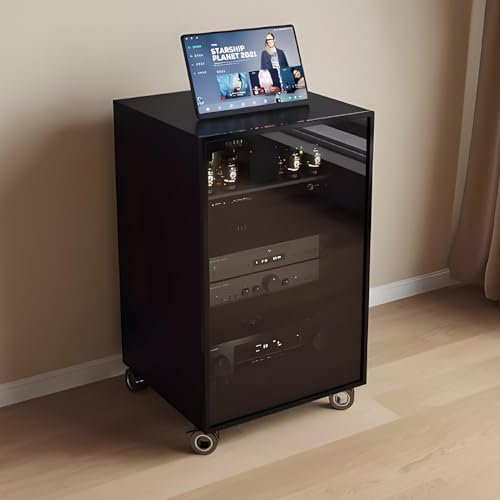 YQMHEZ Beweglicher 1/2/3-stufiger AV-Medienständer, Rack-Audioturm mit verstellbaren Regalen, mit Türen aus gehärtetem Glas, multifunktionaler Medien-Stereoständer, CD-Player for DJ/Theater(Nero,21.6