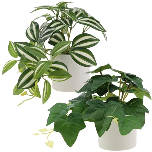 Gresorth Lot de 2 lierres artificiels en pot - Décoration en pot - Faux peperomia - Pastèque - Vigne à suspendre - Paysage réaliste pour étagère, salon, mariage