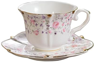 200ML English Porzellan Keramik Kaffeetasse, europäische Art gemusterte Teetasse und Untertasse Set, Retro Luxus Gold getrimmte Nachmittagstee Tasse (Rosa Rosen)