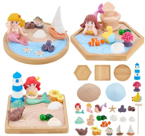 WEBEEDY 3 Sets Mermaid Mini Japanese Zen Garden for Desk, Sea Beach Theme Zen Garden Set for Adult Home Office Decor with Bamboo Tray,Sand,Tools,Meditation and Relaxation Sandbox Decor Zen Gifts
