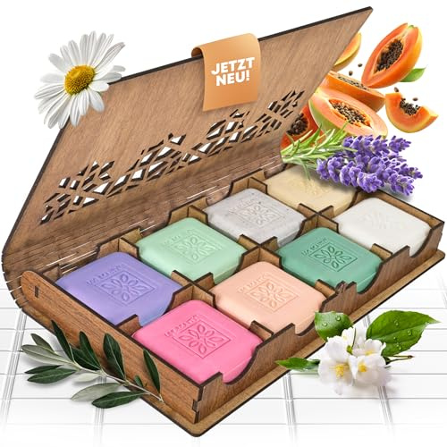 Geburtstagsgeschenk für Frauen - Geschenk für Frauen - 8x80g kaltgepresste Handseife in eleganter Holzbox - duftende Wellness Geschenkidee - Duschseife - Körperseife - Feste Seife