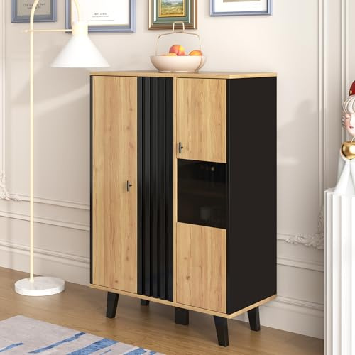 KAZZIO Beistellschränke, Sideboard, Vitrinen mit Glas und LED-Beleuchtung. Enthält Laminate, eine Kombination aus Schwarz und Holzfarben, einzigartiges schwarzes Holzstreifendesign