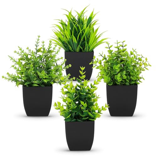 BTSD-home 4 Pack Small Fake Plants Artificial Mini Faux Plants Indoor Black Bathroom Accessories for Room Home Office Shelf Decor